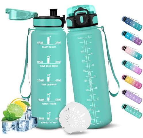 HoneyHolly Trinkflasche 1L, Auslaufsicher mit Zeitmarkierung, Water Bottle, Wasserflasche mit Filter, Trinkflasche Kohlensäure Geeignet, Wasserflasche für Fahrrad, Outdoor, Yoga, Fitness