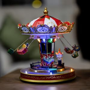 Marco Paul Fly Swings Christmas Village Ornament – Battery Operated Light-Up Animated Xmas Swing Ride Christmas Decorations for Table, Mantel & Indoor Displays