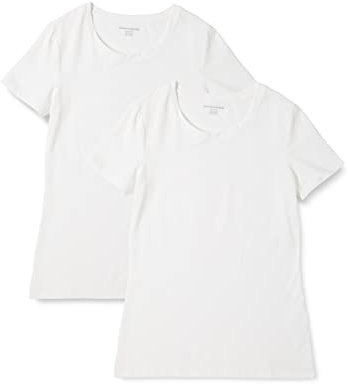 Amazon Essentials Damen T-Shirt mit kurzen Ärmeln und Rundhalsausschnitt in normaler Passform, 2er-Pack, Weiß, M