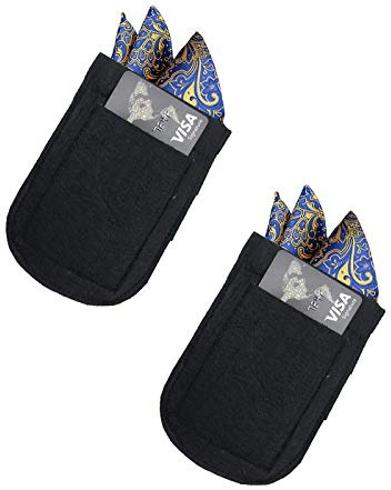 CAREOR 2 Pack Mens Pocket Square & Card Holder, Black Microfiber with Elastic Locking Suit Jackets Handkerchief Pocket Square Holder, 12.4 x 8.4 x 0.5 cm