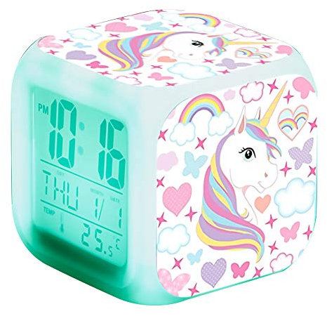 TOSSPER 1pc Licorne réveil LED Horloge numérique Enfants Nuit Brillant Horloge de Bureau avec 7 Couleurs changeantes lumière Cadeau pour Enfants