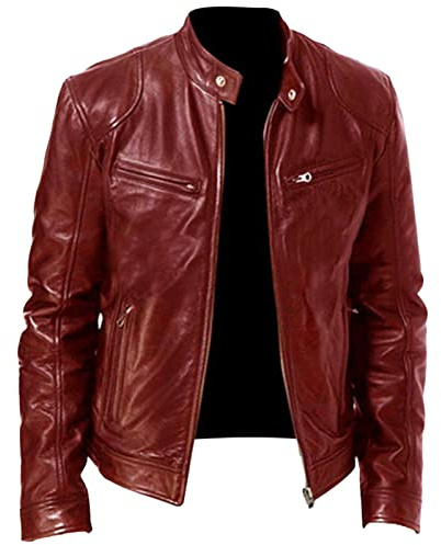 Men's Faux Leather Biker Jacket Vintage Motorcycle Jacket Outerwear Retro Stand Collar PU Leather Slim Fit Coat, Red Wine, S