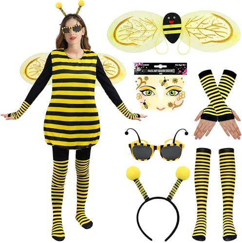 Firecos Déguisement Abeille Adulte Costume d'Abeille 6 Pièces Animaux Cosplay avec Ailes Antenne Bandeau Lunettes de Soleil Gants Chaussettes pour Carnaval (Abeille avec Autocollant, L 40-42)