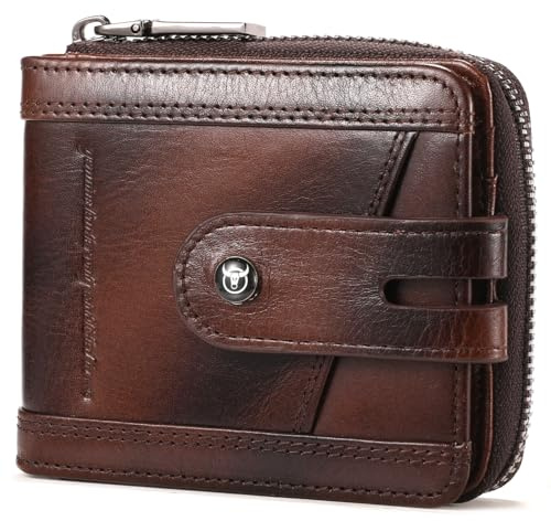 BULLCAPTAIN Genuine Leather Men's Wallet with Zipper Vintage RFID Blocking Large Capacity Wallet for Men with 14 Credit Card Slots and 1 ID Window T23 (Coffee)