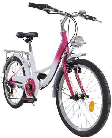 WooDerson 20 Zoll Mädchenfahrrad 6 Gang Fahrrad Mit Frontlicht Und Gepäckträger, Cityräder Für Höhe 145-165cm, Max Tragfähigkeit 90kg, Griffhöhenbereich 75-80cm, Kissen Höhe 60-72cm(Rosa+Weiß)