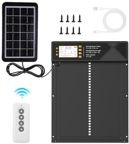 Puerta automática de gallinero Solar, abridor de Puerta eléctrico para gallinero, con Pantalla Impermeable, con diseño antipellizco, con Sensor de luz, con Control Remoto, con temporización