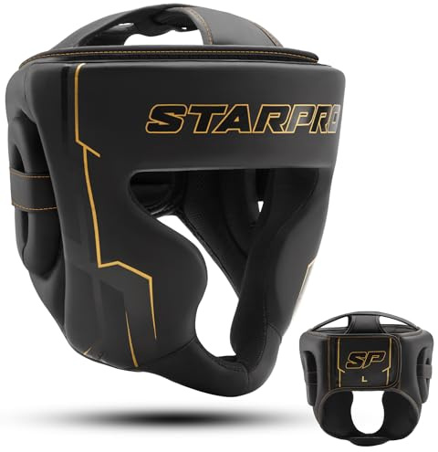Starpro Professional Huvudskydd för boxning – premium sparringutrustning med heltäckande ansiktskydd, lätt design och optimal passform för förbättrad säkerhet (mattsvart, XL)