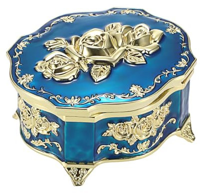 SUMTree Scatola musicale vintage blu portagioie musicale scatola portagioie in metallo keepsake box retrò scatola portagioie portagioie per anello bracciale orecchini donna uomo regalo compleanno San