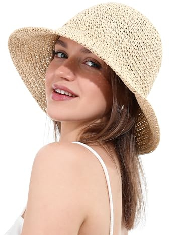 soul young Chapeau de Soleil Femme en Paille Tressée Large Bord Reversible Plage Bob Pliable Été Voyage Protection UV UPF50+(Beige)