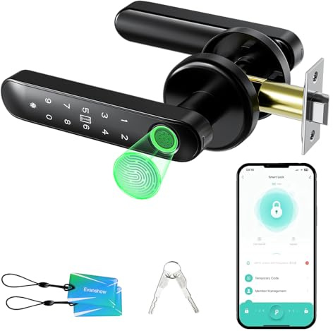 EVANSHOW Smart Door Knob with Fingerprint Lock - 5-in-1 Keyless Entry (Fingerprint/App/Code/IC Card/Key) Biometric Door with Auto-Lock Easy Install for Home/Bedroom