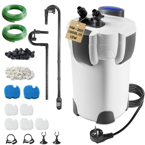 EXLECO Filtre Extérieur Aquarium 1000L/H 18W Pompe Externe D'aquarium Réglable avec Matériau Filtrant, Filtre Bassin Poisson Silencieux avec 3 Étapes de Filtration pour Réservoir Jusqu'à 300 L HW-302