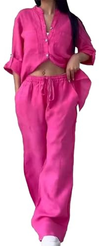 Trajes de verano para mujer elegante tallas grandes algodón y lino camisa y pantalones anchos ligeros casuales chándales de gimnasia cómodo jogging conjunto playa transpirable Curvy gimnasio traje de