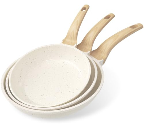 YASHE Ensemble de poêles antiadhésives, 3 pièces – Poêles en granit de 20/24/28 cm, compatibles induction, saines et durables, idéales pour les omelettes et la cuisine quotidienne, blanc