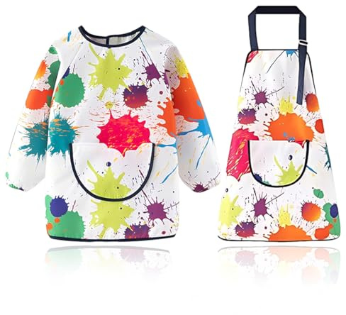 LKJAUOZ Delantal de pintura para niños (2 piezas), bata de pintor, bata de pintor con 3 bolsillos, mangas largas, impermeable, delan tal de manualidades para niños