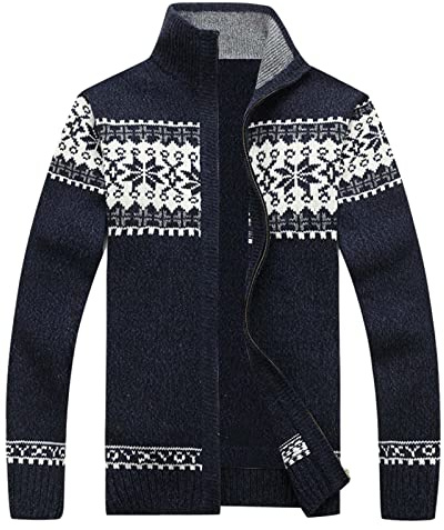 Mymyguoe Maglione Norvegese Uomo, Giacca in Maglia, Sweatjacke Invernale Elegante, Maglione Invernale Spessa, Stampa a Righe, Giacca Tradizionale, Cardigan con Cerniera, Giacca da Lavoro, Blu, L