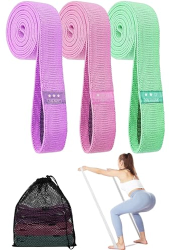 Bandas elasticas musculacion largas, Set de 3 Banda Elastica Fitness de Tela con Guía Entrenamiento y Bolsa Almacenamiento, Bandas de Resistencia para Yoga, Pilates, Entrenamiento de Fuerza, Fitness