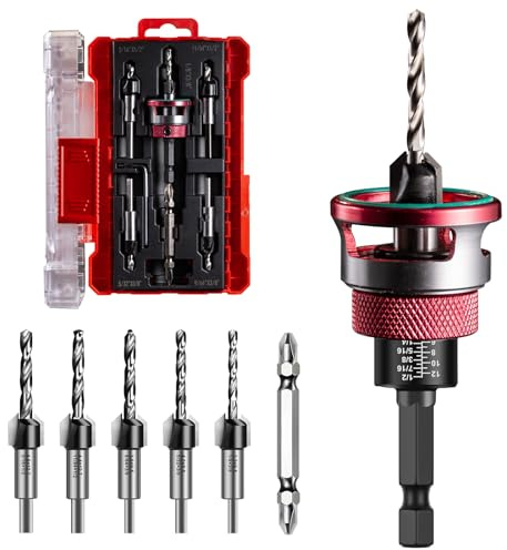 Set di 5 punte per trapano a svasatura, per legno con gambo esagonale da 1/4, svasatore con arresto di profondità, in HSS-M2, include punta per cacciavite a croce, per lavorazione del legno