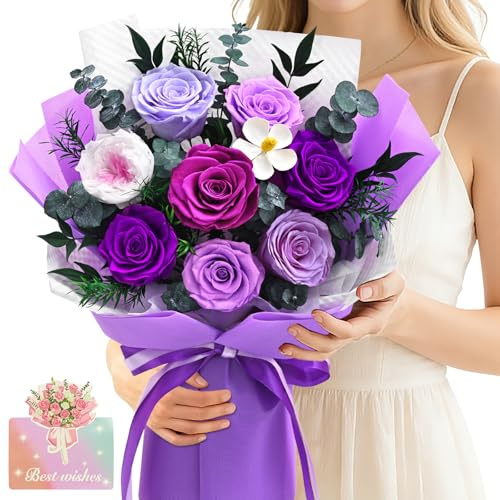 Forever Rose Flowers for Delivery, 8-Piece Preserved Roses Bouquet for Mothers Day Gifts, Long Lasting Purple Roses with Gift Box for Mom, Forever Flowers with Vase Birthday Gift for Her Wife