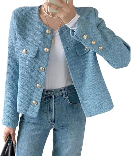 Dam Beskurna Tweedkavajer Rund halsad Jacka Fickor Elegant Höst Vår Business Casual Outfit Himmelsblå Liten