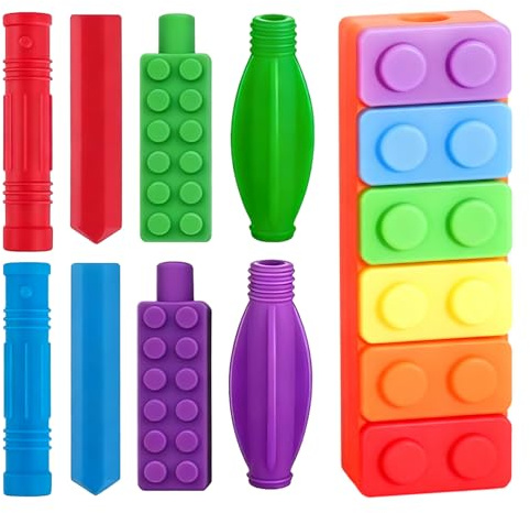 Eudomis 9 Stück Kaukette für Kinder, Silikon Kaukette mit Kaubarem Beißring Bleistiftaufsatz, Silikon Kaustab, Kaubares Schmuckspielzeug Kauspielzeug für Jungen, Mädchen, Kinder mit Autismus, ADHS