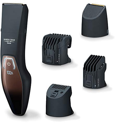 Beurer HR 4000 Bartstyler, Barttrimmer mit 4 Aufsätzen zum Trimmen und Rasieren, mit Edelstahlklinge, Li-Ion-Akku und Schnellladefunktion