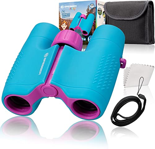 BRESSER Binocolo per bambini 6 x 21 con robusto corpo in gomma e messa a fuoco centrale, con custodia da cintura e maniglia, colore: blu/viola