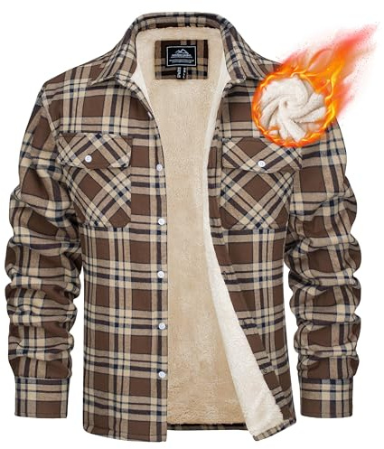 MAGCOMSEN Veste d'hiver pour homme - Doublée - Veste thermique à carreaux - Chemise de loisirs avec plusieurs poches - En coton - Chaude, marron, 3XL