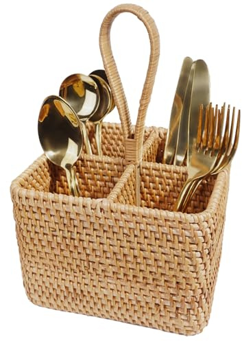 Natural Wicker Utensil Caddy with Built-in Handles，Wicker Silverware Caddy with 4 Compartments，Spoon Cutlery Holder Utensils Organizer，Condiment Organizer Silverware Holder(7.09 * 5.12 inch)