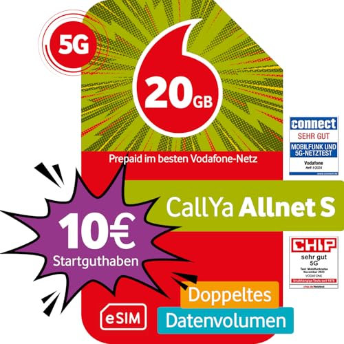 Vodafone Prepaid CallYa S eSIM | 30 GB | 10 EUR Startguthaben | 5 GB gratis im Roaming-Special | ohne Vertrag | 5G-Netz | Telefon- SMS-Flat | EU-Roaming