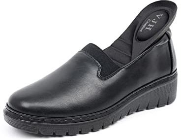 VJH confort Women’s Loafers Round Toe Slip on Comfort Arch Support Walking Shoes(Black 9-)