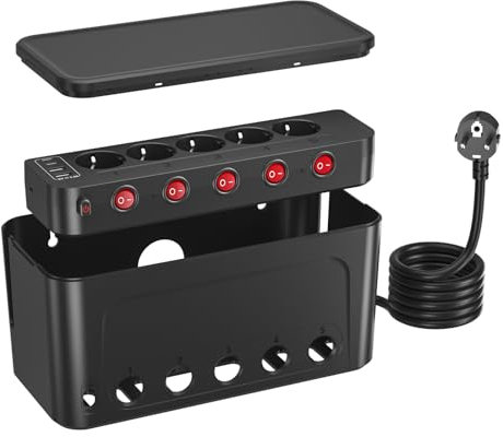 Caja Organizadora de Cables con Regletas Enchufes,Caja de Gestión de Cables con Enchufe Multiple,Regleta 5 Tomas con Interruptor Independiente,Protección Sobretensiones Ladron Enchufes USB C,Negro
