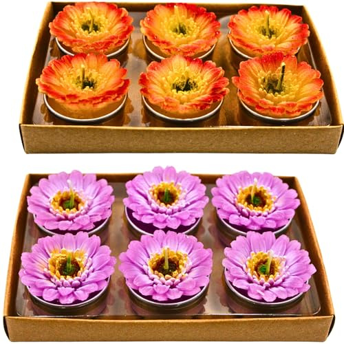 Dekohelden24 Juego de 12 velas de té en forma de gerbera, velas de mesa, velas de gerbera, velas de flores en amarillo y lila, dimensiones de cada vela 4 x 3 x 4 cm