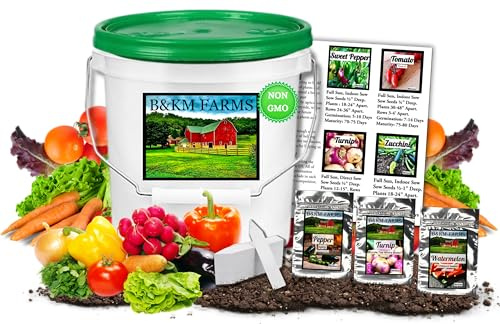 B&KM Farms 25,000+ Survival Seed Kit 5+ Year Supply. 40 Fruit & Vegetable Non-GMO Heirloom Seeds for Planting a Home Garden. Secure Emergency Weather-Proof Bucket