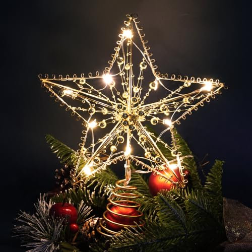 Sprinlot Etoile Sapin de Noel Or, 20 x 25 cm Pointes de Sapin, Cimier Or de Sapin de Noël, Décoration Etoile de Noel Lumineux Interieur Exterieur