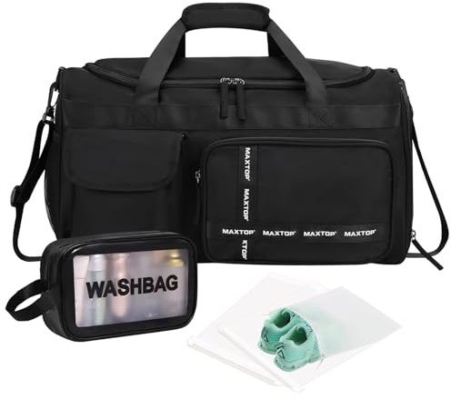 MAXTOP Large Gym Bag for Men Women with Shoe Compartment Wet Dry Separation Black Carry on Duffle Bag for Travel Sports Yoga Fitness Weekend Outdoor Activities