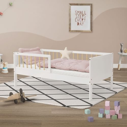 ML-Design Cama Infantil Individual Blanco-Natural 70x140cm Madera de Pino Maciza con Somier de Láminas y Protección Anticaída Diseño Creativo Estructura Robusta Mueble de Dormitorio para Niños/Bebés