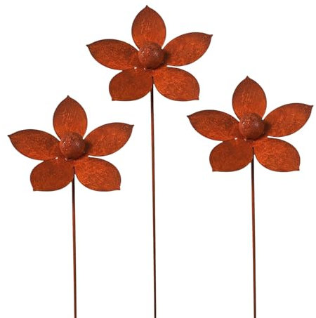 Lot de 3 piquets de jardin en forme de chapeau de soleil en métal rouillé - Décoration de jardin - Tuteur de parterre - Rouille naturelle (3 fleurs C)