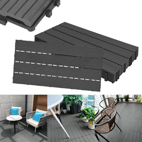 ACXIN WPC terrassplattor terrassplattor kakel i träutseende plastplattor terrassplattor klickplattor balkongplattor, kan skäras till, för trädgård/balkong/terrass (18, antracit, 30 x 60)