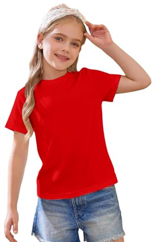 Mjjsk T-shirts pour filles d'été - Légers à manches courtes unies - T-shirts pour enfants confortables et doux - Tee-shirts de base décontractés pour enfants, Rouge, 8-9 ans