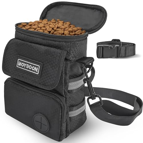 Moysoon Dog Training Treat Pouch with Waist Belt & Shoulder Strap - Adjustable 3-Way Wear Waterproof Dog Walking Bag - Multi-Pocket Fanny Pack for Treats, Poop Bags & Accessories