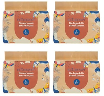 ECOBOOM Öko-Windel aus Bambus, 70 % biologisch abbaubar, hypoallergen (Größe 4/L, 9-14 kg, Packung mit 4 Beuteln, insgesamt 120