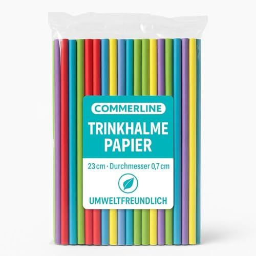 Commerline 1 000 stycken papperssugrör, sugrör med Ø 7 mm, 23 cm, färgglada cocktailsugrör för fester, sugrör av papper för blandade drycker, smoothies, biologiskt nedbrytbara sugrör papper