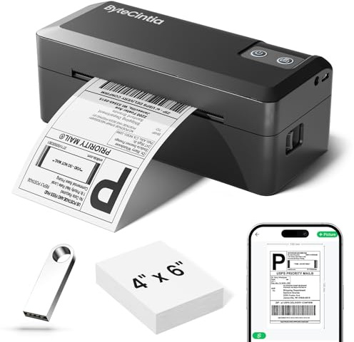 ByteCintia Bluetooth Etikettendrucker, DHL Thermodrucker 4x6 Ettikettendrucķer, Ettikettendrucķer Label Printer für iOS, Android, Windows & Mac, Kompatibel mit Shopify, Amazon, Royal Mail, Ebay, USPS