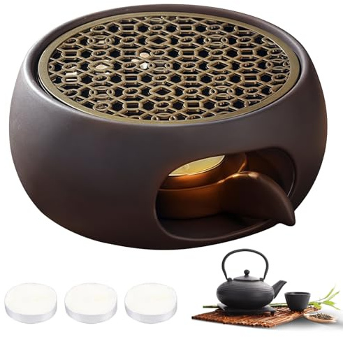 Stövchen Für Teekanne Keram, Hohl Geschnitztes Design Kaffeewärmer, Teekannenwärmer, Keramik Stövchen Für Teekanne Mit 3 Kerze Und Kupfer Herdmatte Für Wärmeerhaltung Von Tee Kaffee Milch(Schwarz)