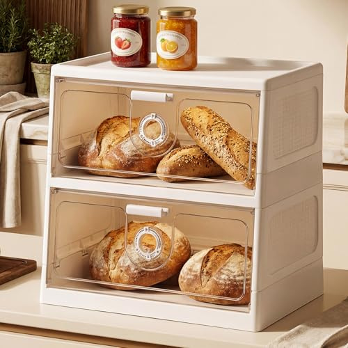 chufa 2-Tier Bread Box for Kitchen Counter, Clear Window Front, Adjustable Vent Dials, Large Capacity Stackable Bread Storage Bin Organizer for Countertop, White