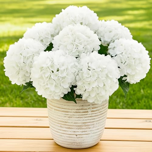Auihiay 6 Bundles Hydrangea Artificial Flowers for Outdoors and Indoor, Bulk 30 Heads, UV Resistant Faux Hydrangea Flowers for Garden, Porch, Yard, Window Box & Outdoor Wedding Decoration (White)