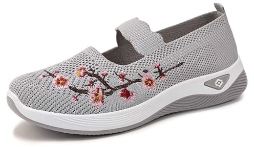 2026 Zapatos de Tela para Mujer, nuevos Zapatos de Verano de Boca Baja, Suela Suave, para pies cansados, con Estribo, Zapatos de Ocio con Bordado para Mujer (Grey, 37)