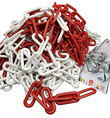 UvV Absperrkette Kunststoff 25 Meter Bund inkl. 2 Karabiner und 2 S-Haken (Verzinkt) in 10mm Stärke x 25 Meter, rot-weiß
