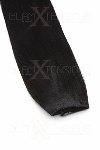 GlamXtensions Echthaarperücke Elegante Halbperücke Half Wig trendige Perücke - Clip in Extensions Remy Echthaar in diversen Farben 50cm (01 Schwarz)