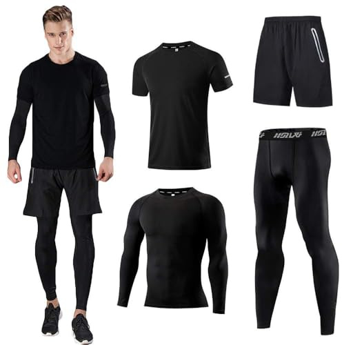 Holure Herr sport löpning set (förpackning med 4) atletisk tröja+kort/kompressionströja + byxor hud träningsoverall gymdräkter, Svart, L